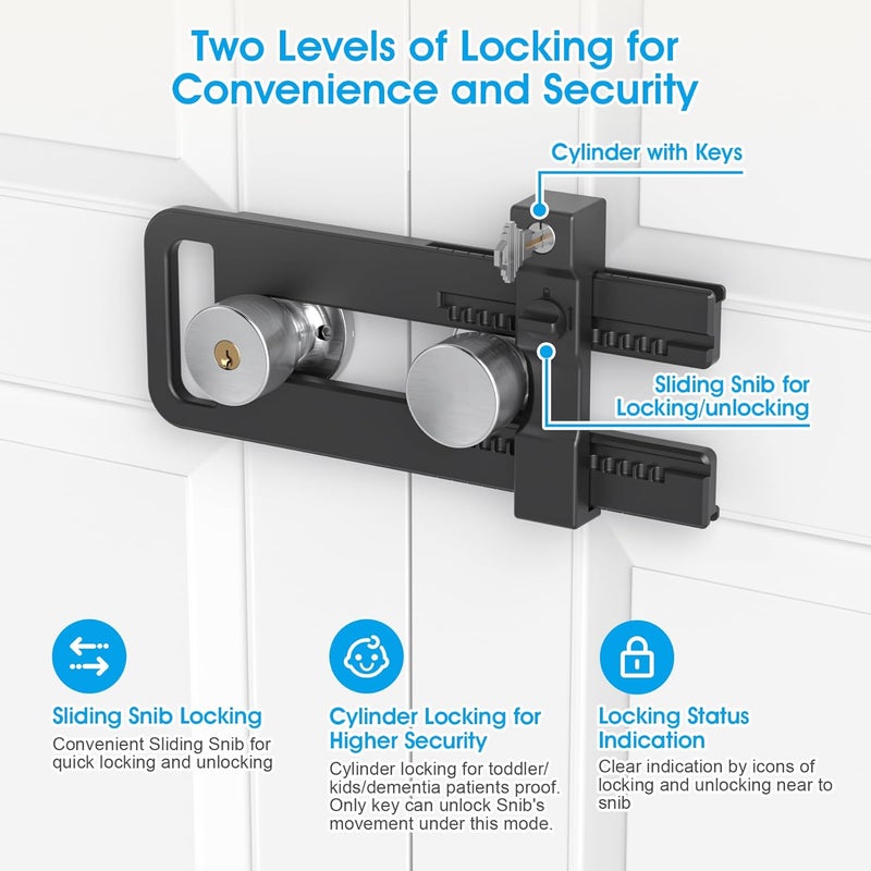 AST Double Door Lockout Device, French Door Reinforcement Lock with 3 Keys, Lockout to Double Door Knobset and Handleset, Childproof Door Lock, Premium Version (Matte Black with Key Alike) - Image 2